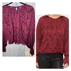 Free People Burgundy Lace Long Sleeve Blouse Women's XS‎